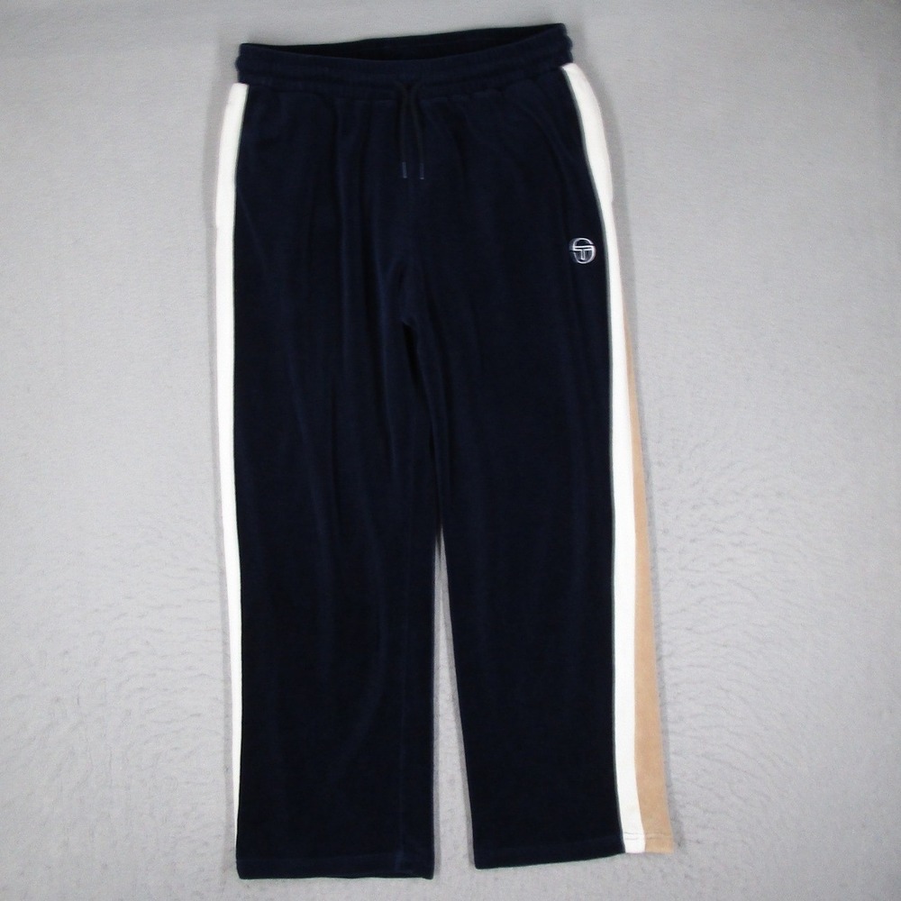 Sergio Tacchini Mens Velour Track Pants Navy Blue Side Stripe XL Joggers